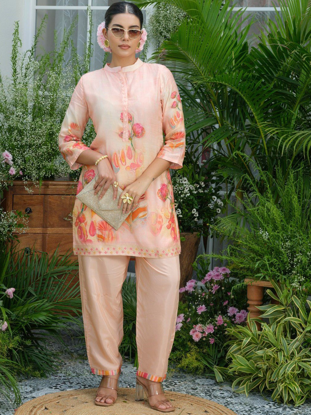 AUTUMN LANE Palash Salmon Premium Printed Top With Trousers Co-Ords