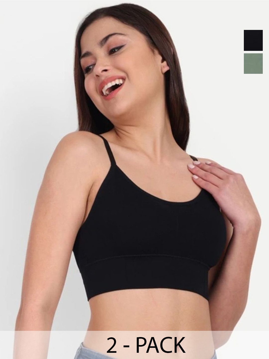 Megir Pack Of 2  Padded Cami Bras Full Coverage Megir-646-BLACK-GREEN-2Pcs-28A-Multi