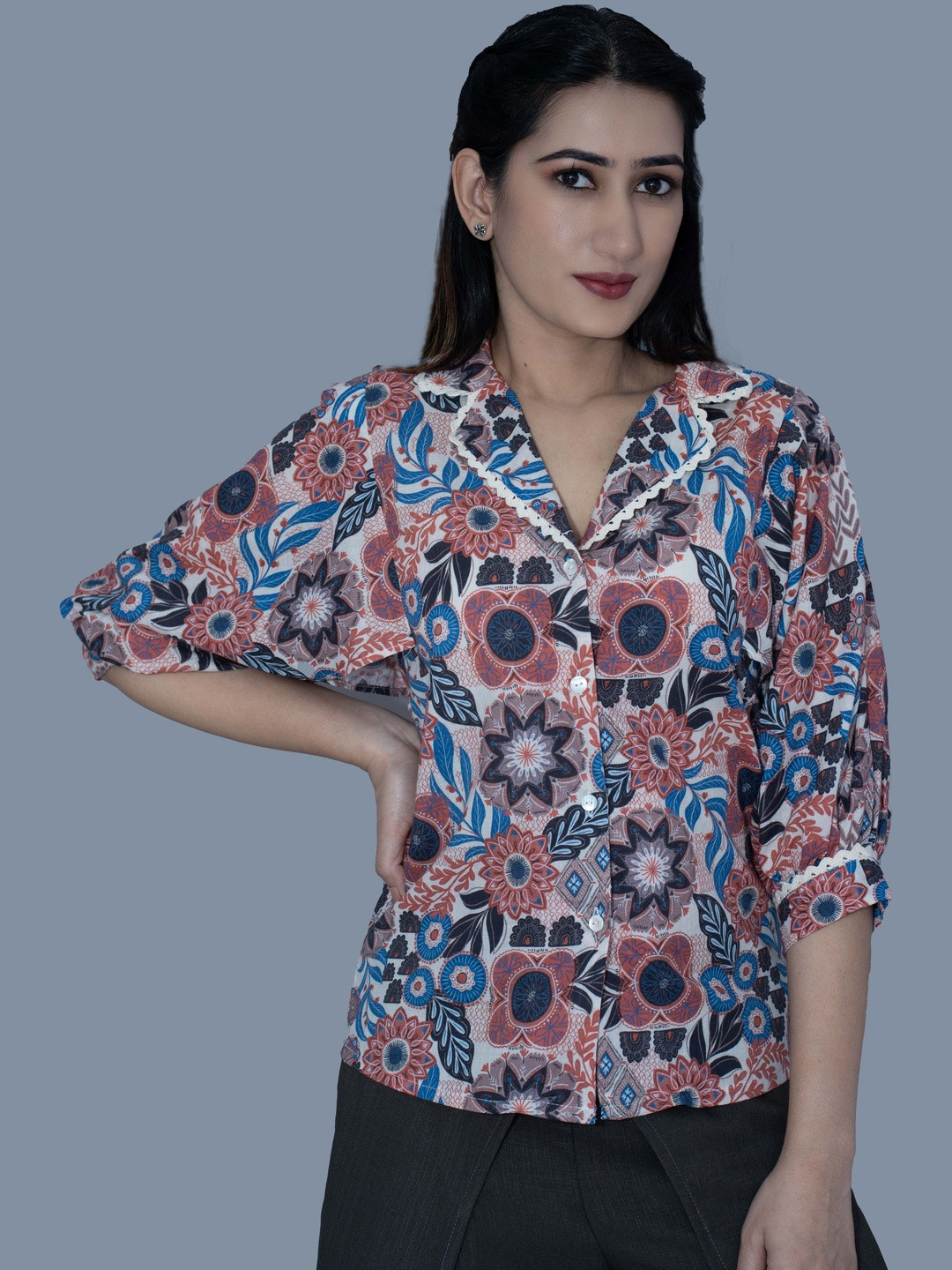 BELLO DONA CLOTHING Women Floral Printed Shirt Collar Puff Sleeves Shirt Styles Top