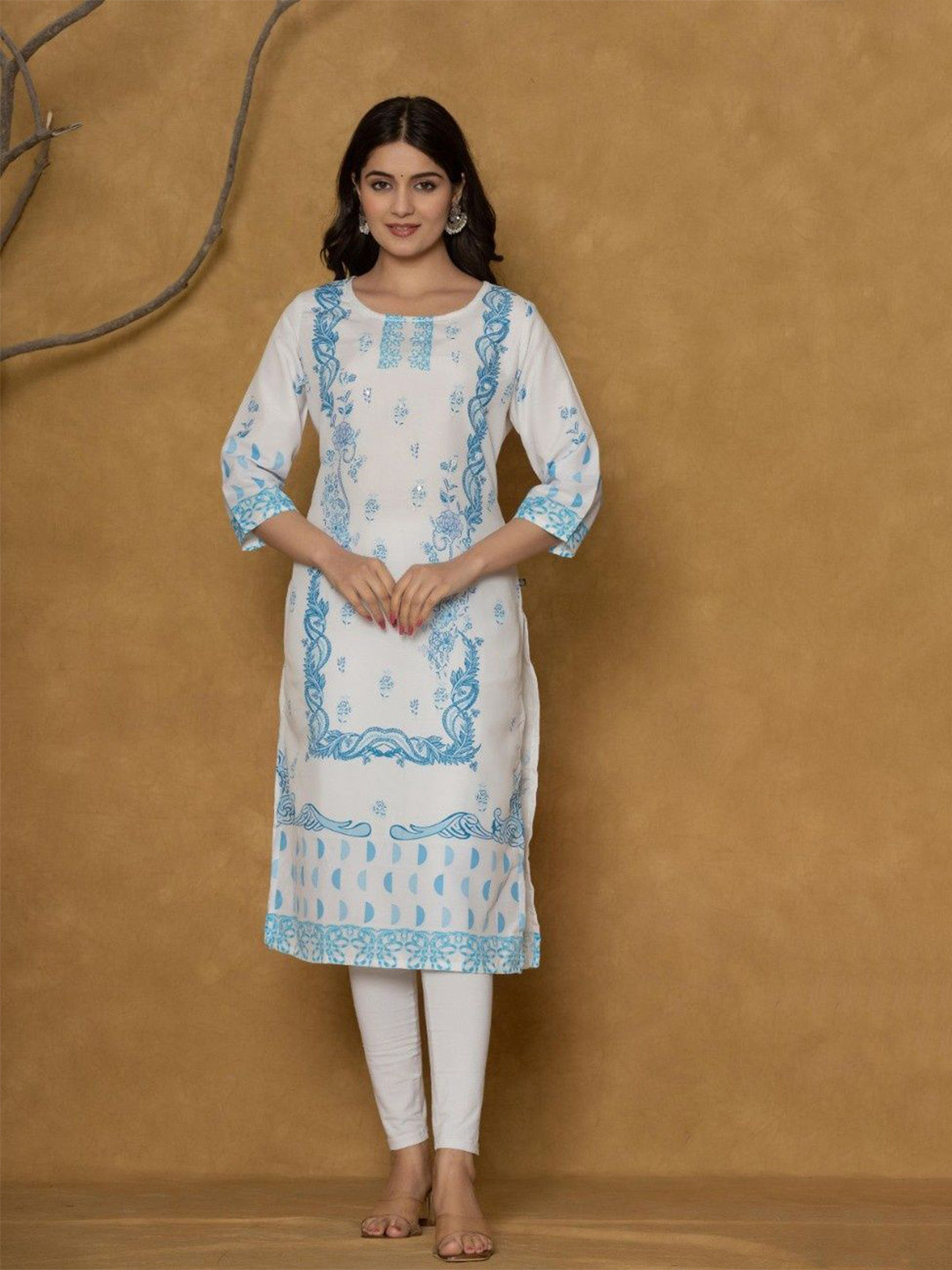 THE NAVRA Women Ethnic Motifs Printed Daily Linen Straight Kurta