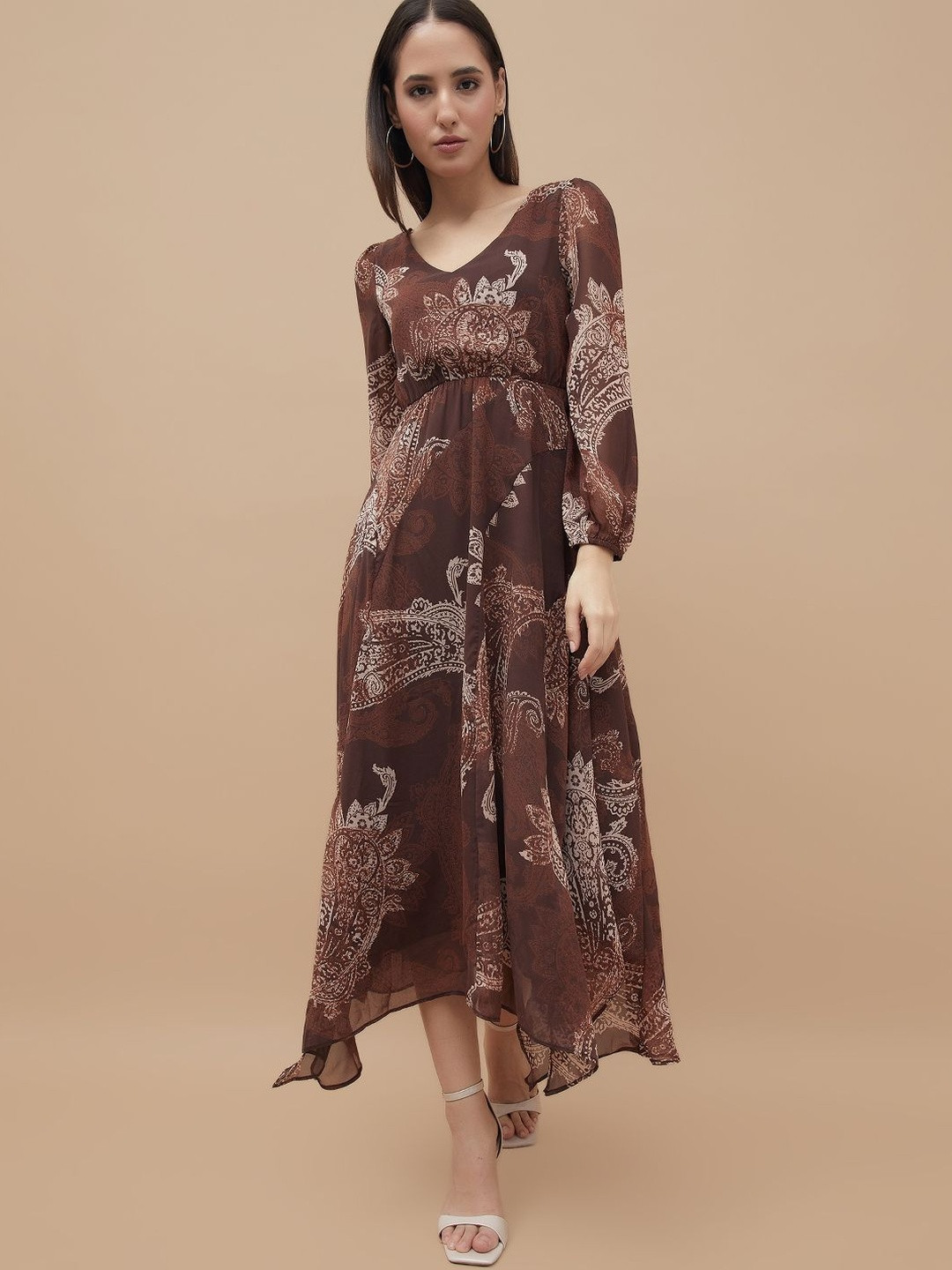CODE by Lifestyle Women Ethnic Motifs Printed Puff Sleeves Fit and Flare Midi Dress