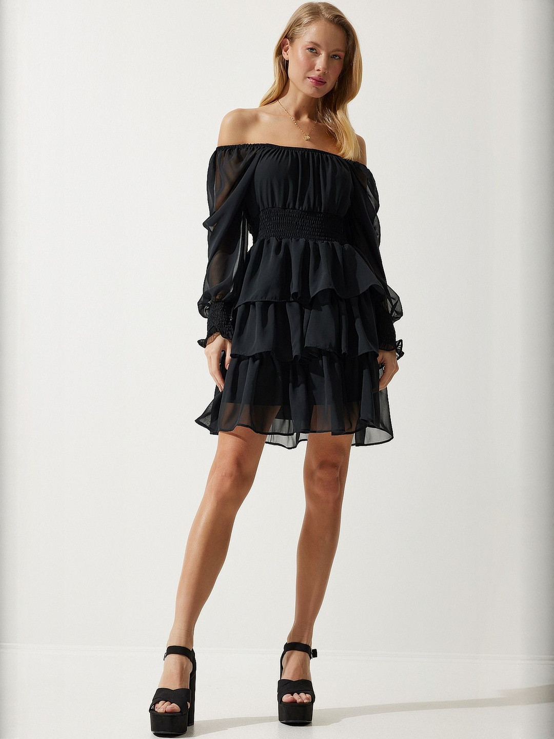 Happiness istanbul Women Off-Shoulder Tiered Layered Detail Fit and Flare Dress