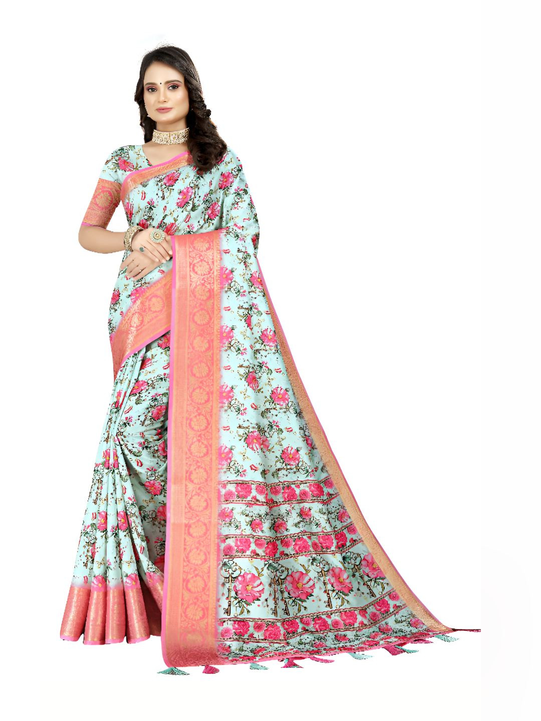 J 6 DESIGNER Floral Art Silk Designer Block Print Saree With Blouse