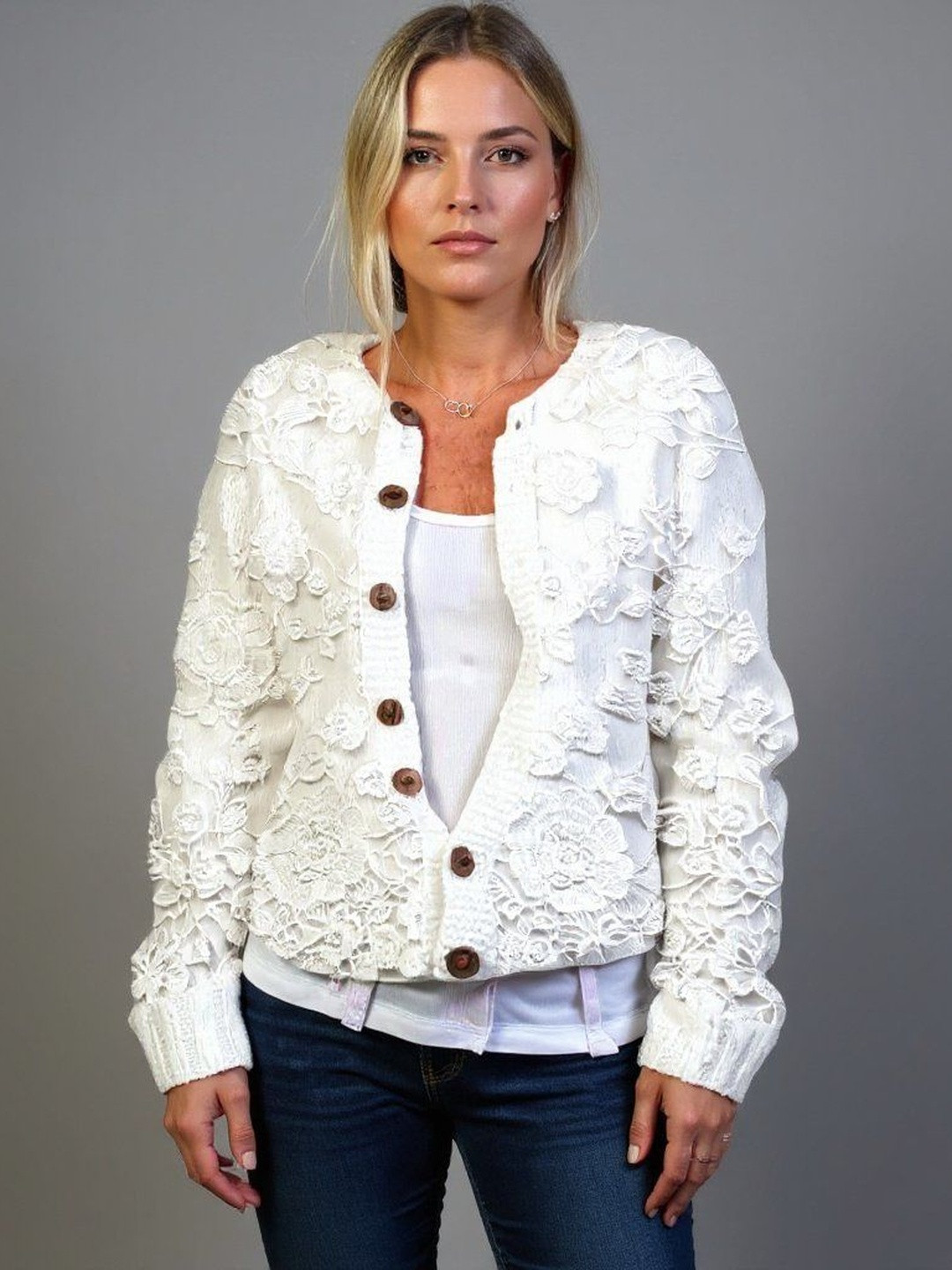 HERE&NOW Women White Solid Center Front Open Long Sleeves Cotton Sweaters