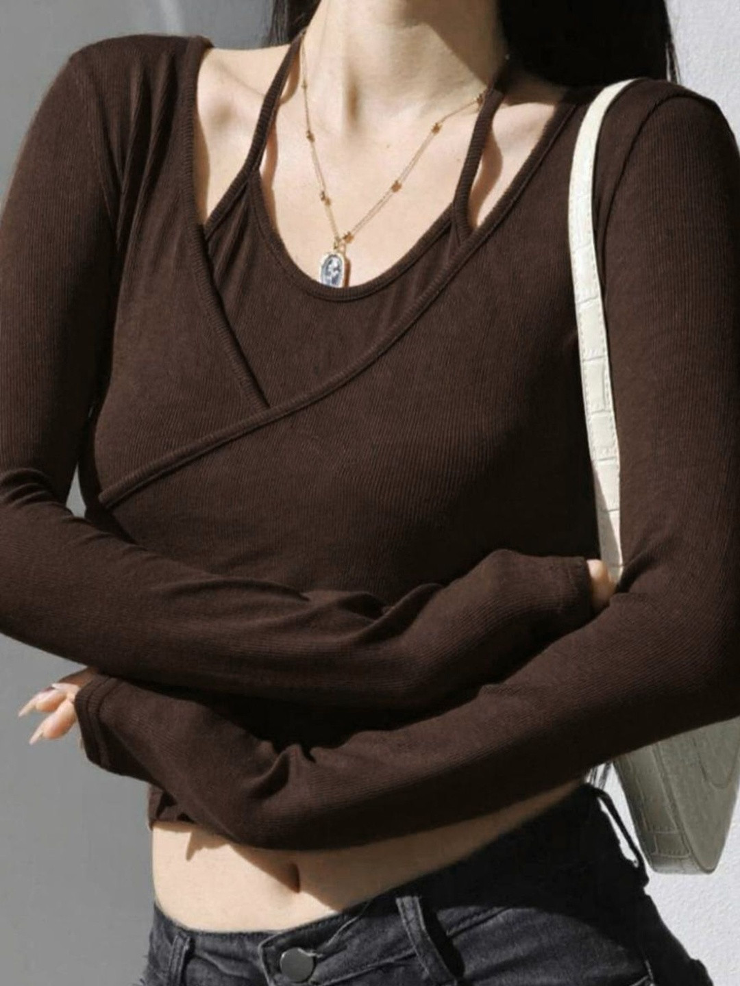 Womenster Women Brown Solid Wrap Crop Tops