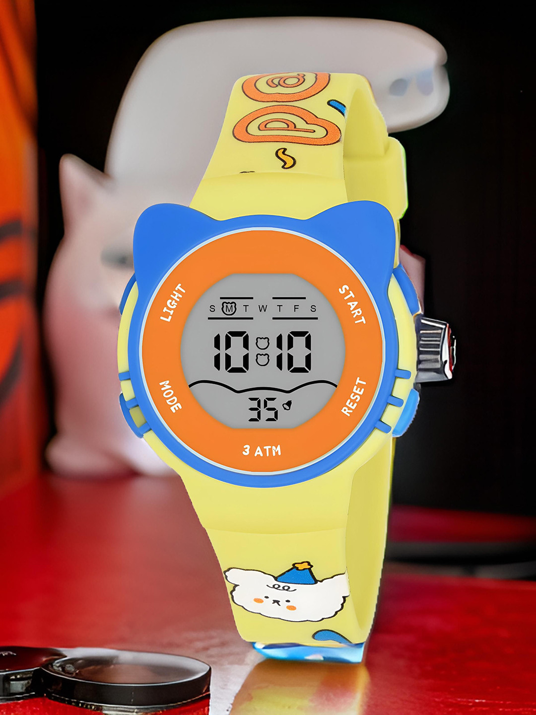 EWWE Kids Printed Dial & Straps Digital Multi Function Watch 2206-Cat-Yellow