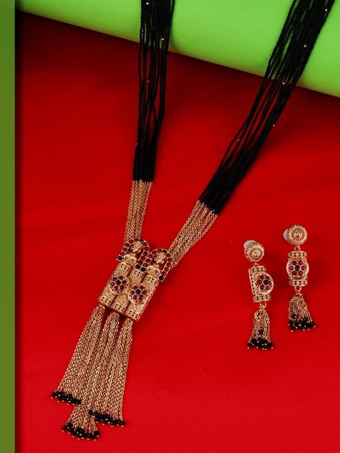 SALONI FASHION JEWELLERY Gold Plated Temple & Flower Design Long Chain Mangalsutra Set