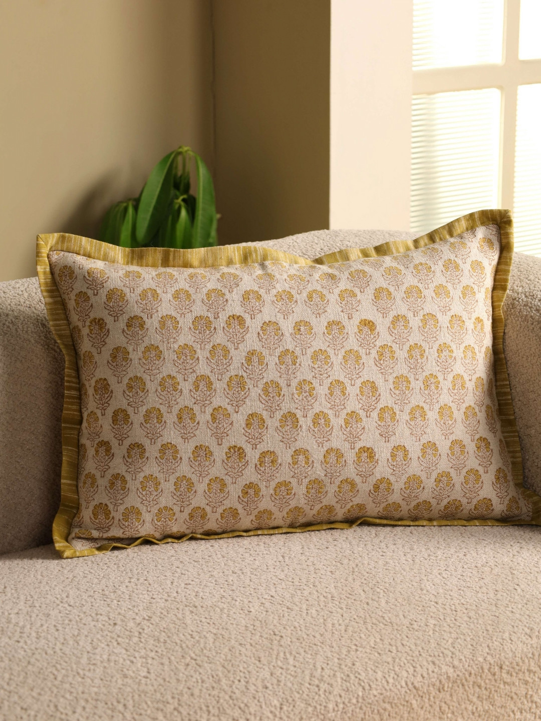 eyda Beige & Yellow Embroidered Linen Rectangle Cushion Cover