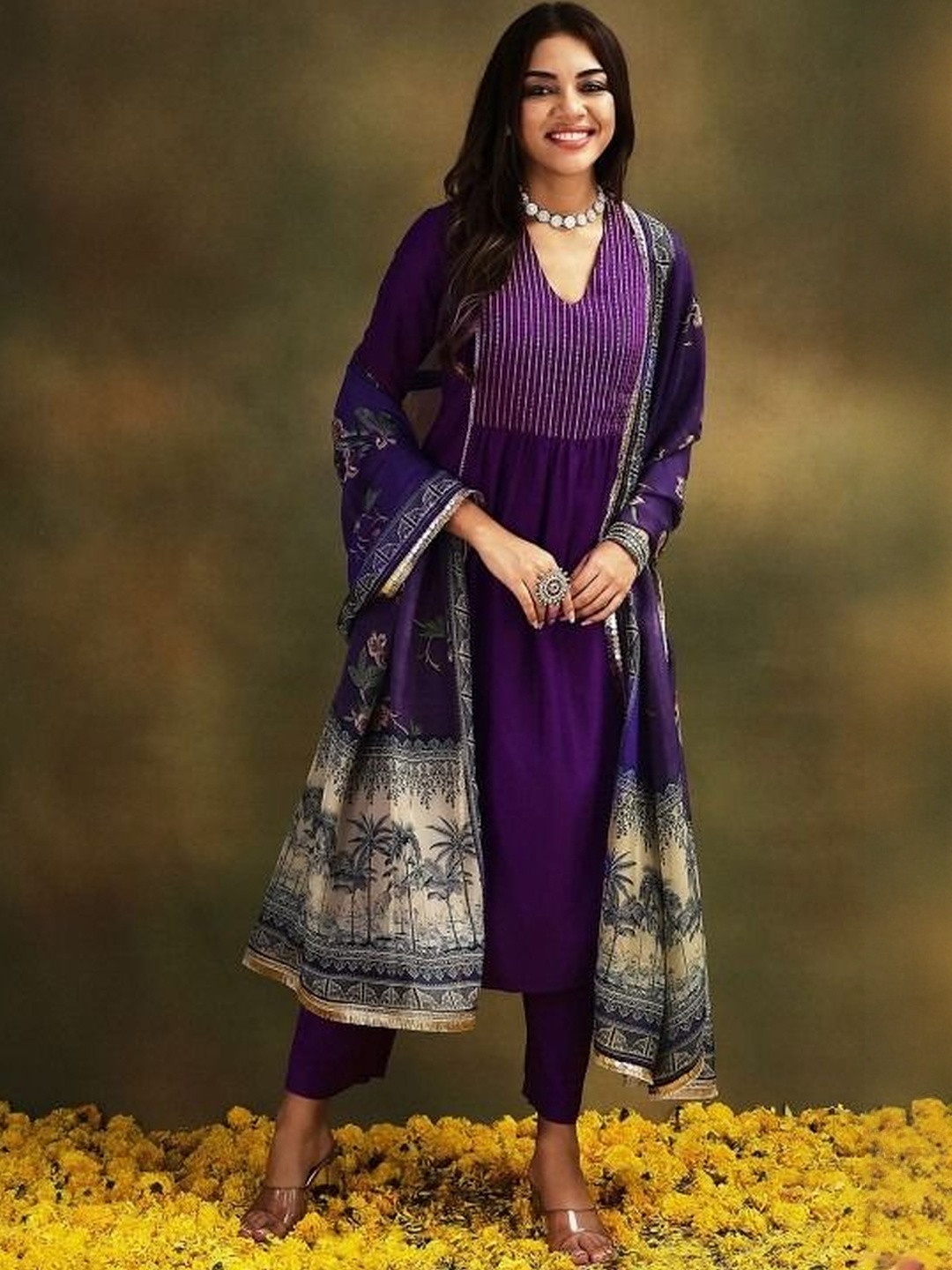 Stylefables Ethnic Motifs Embroidered V-Neck Empire A-Line Kurta With Trousers & Dupatta