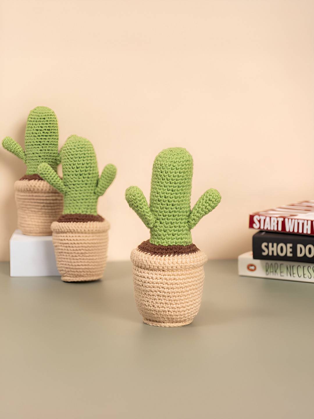 The Zappy Box Green & Brown Crochet Cactus Pot Showpieces