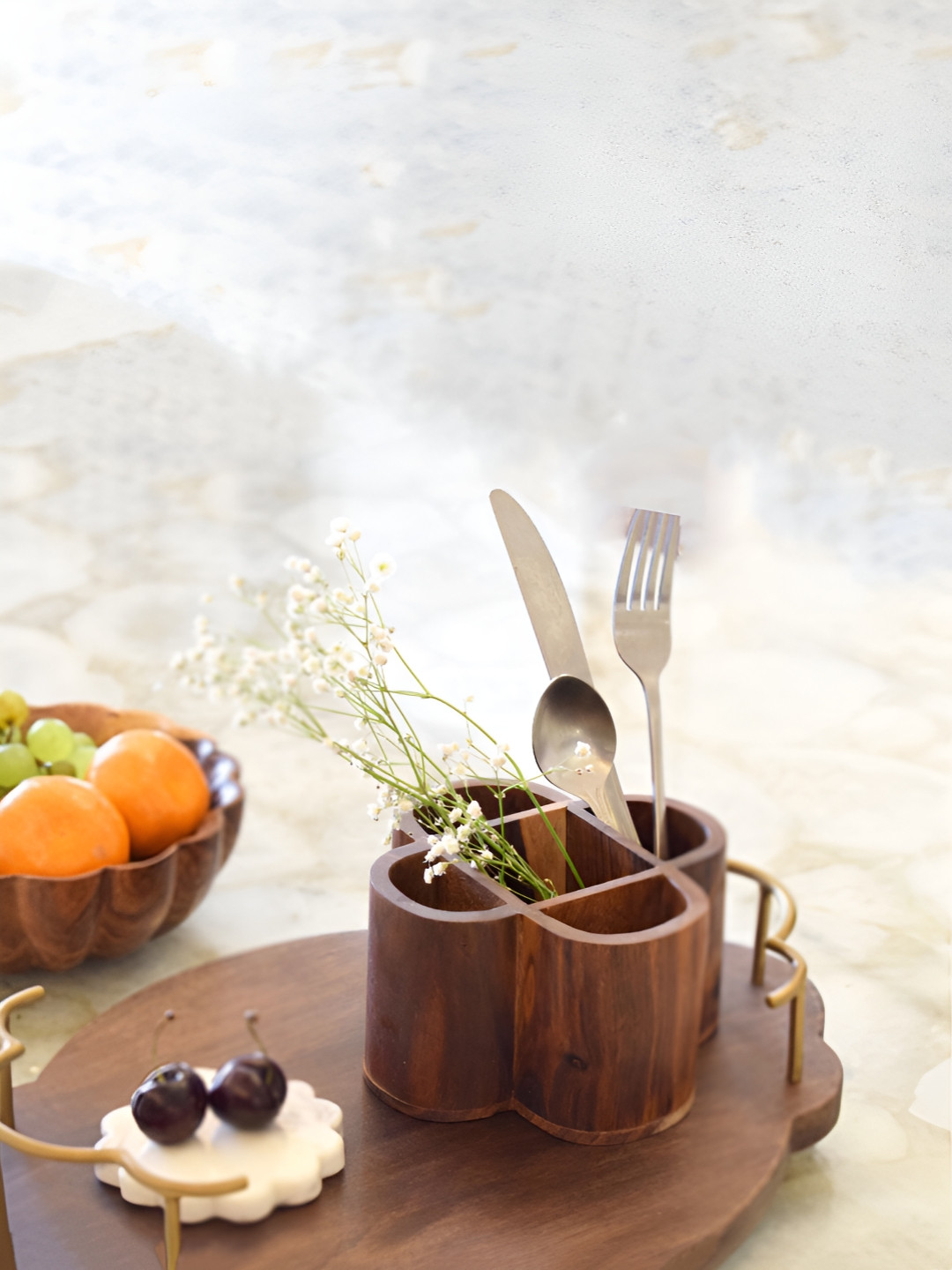 Halfdot Bloom Brown & Gold Toned Wooden Cutlery Holder