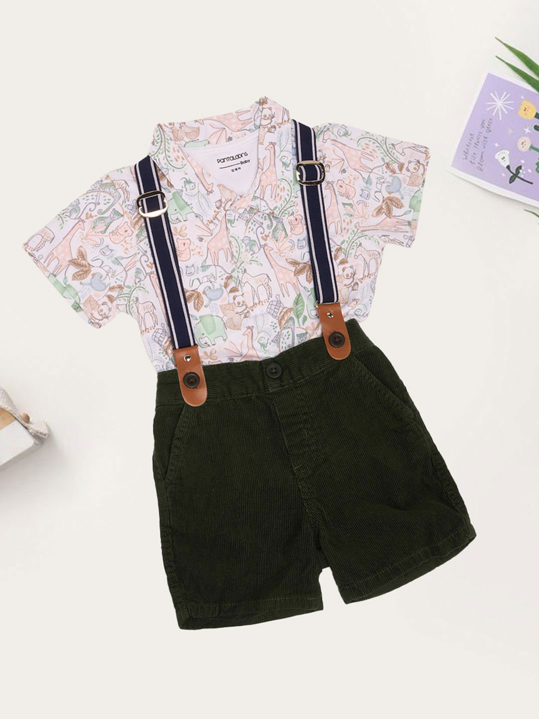 Pantaloons Baby Boys Printed Pure Cotton Shirt & Shorts With Suspenders