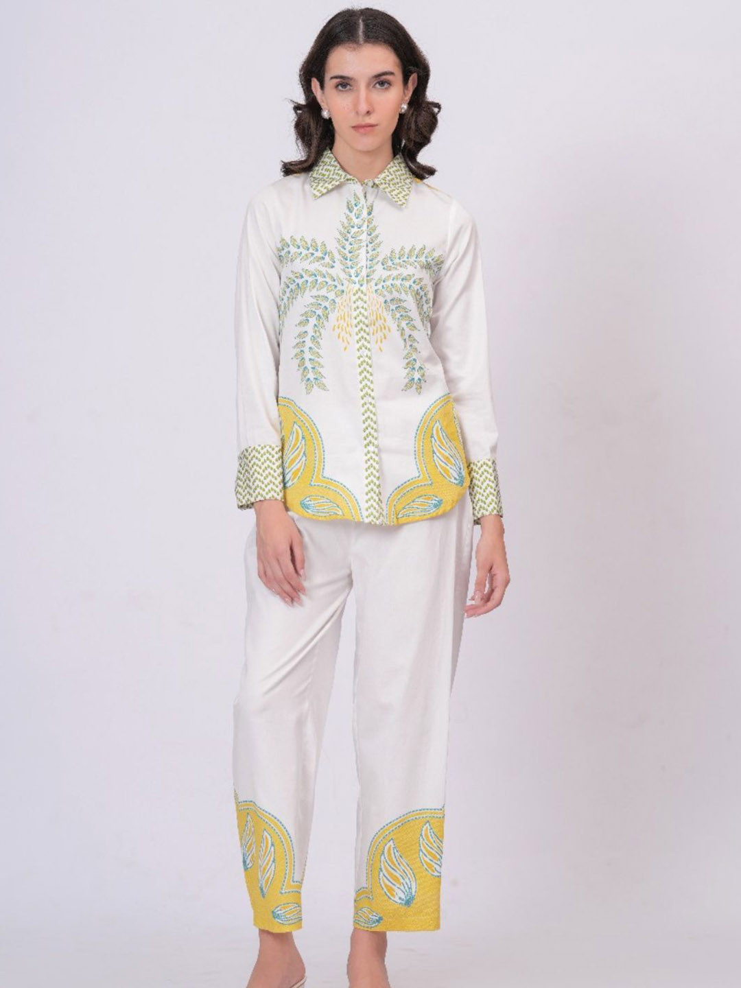 Zolo Label Tropical Palm Printed Shirt Collar Shirt With Trousers Co-Ords