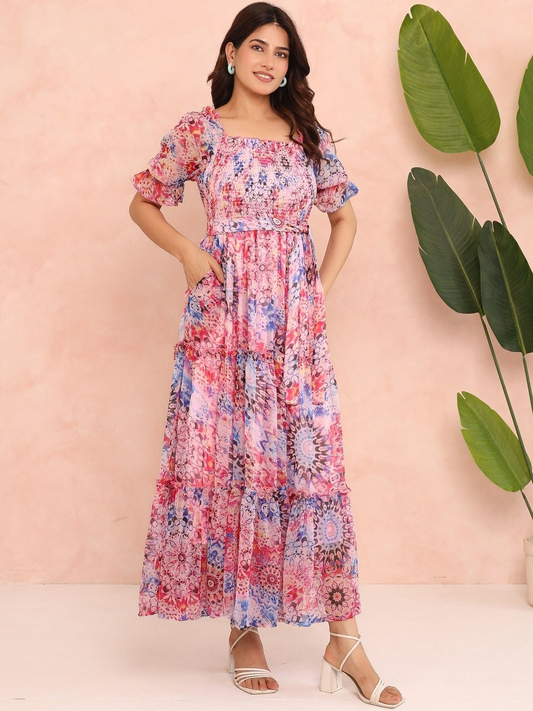 NOUN Women Abstract Printed Smocked A-Line Maxi Dress