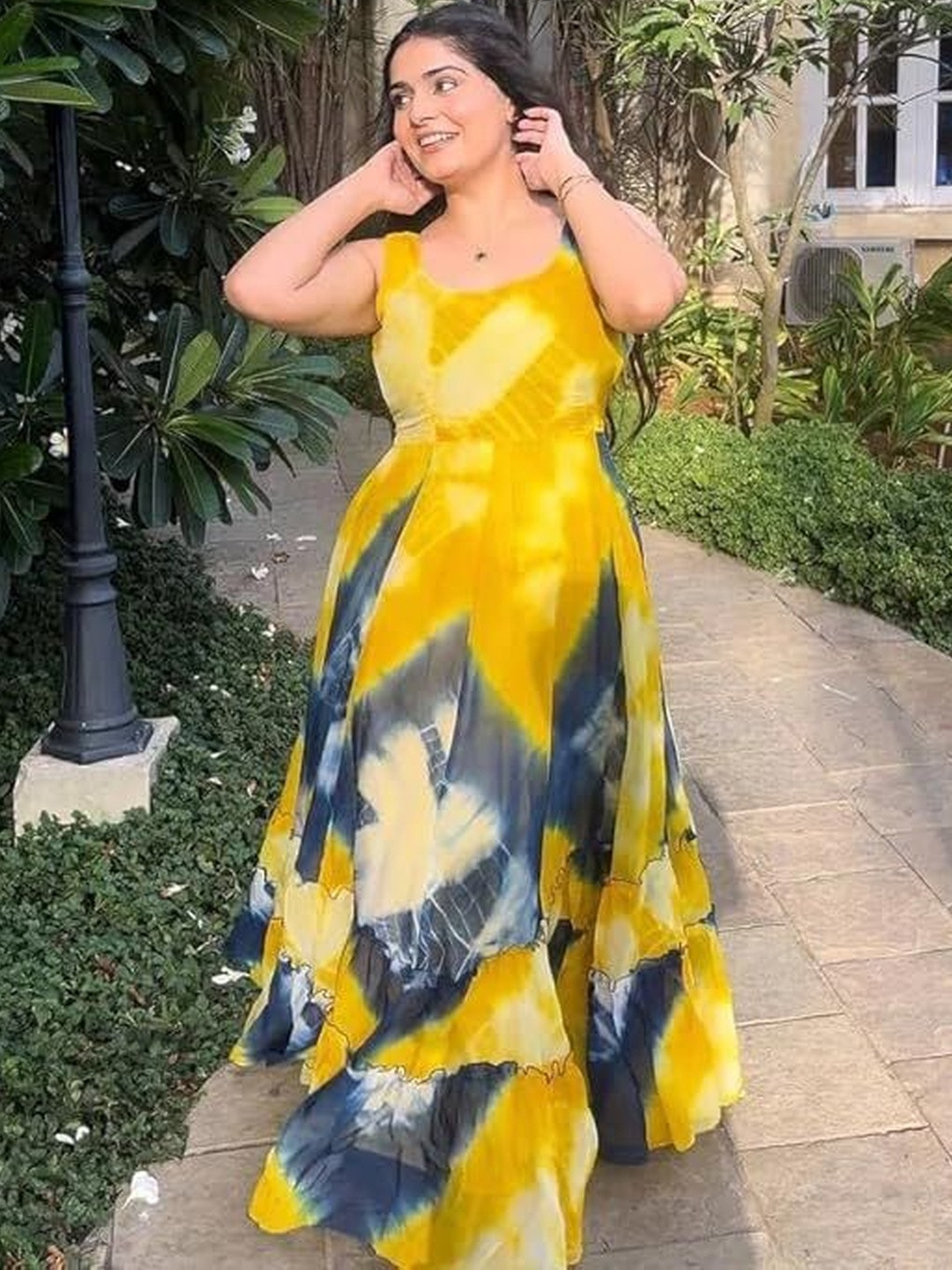 Crytsal Revenue Women Tie and Dye Dyed Georgette Fit & Flare Maxi Dress