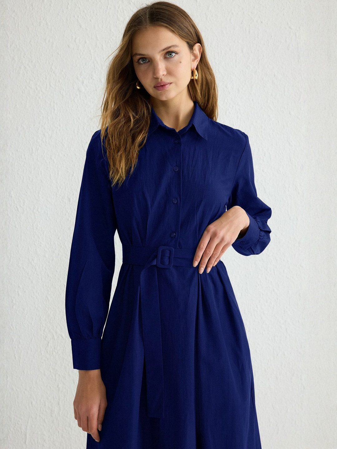 Trendyol Women Belted Long Sleeve Shirt Maxi Dress