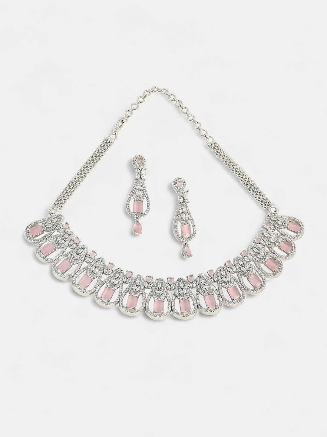 SOHI Sliver-Plated Pink Stone-Studded Necklace & Earrings Jewellery Set