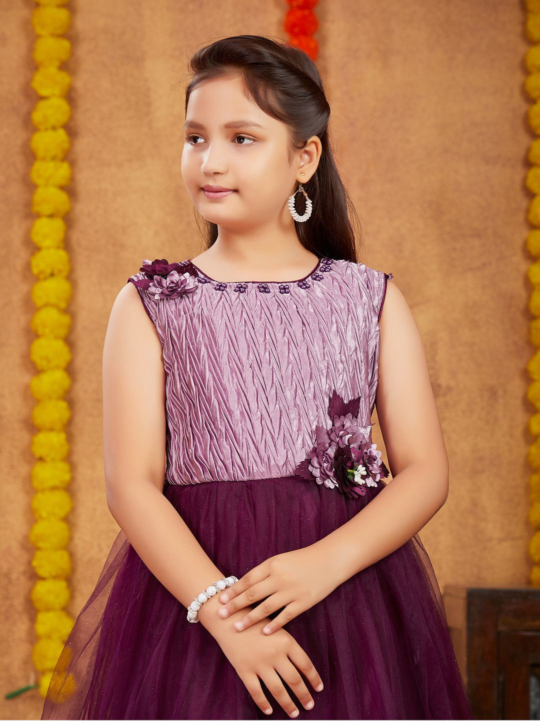 BAESD Girl's Purple Self Design Net Fit and Flare Maxi Dress