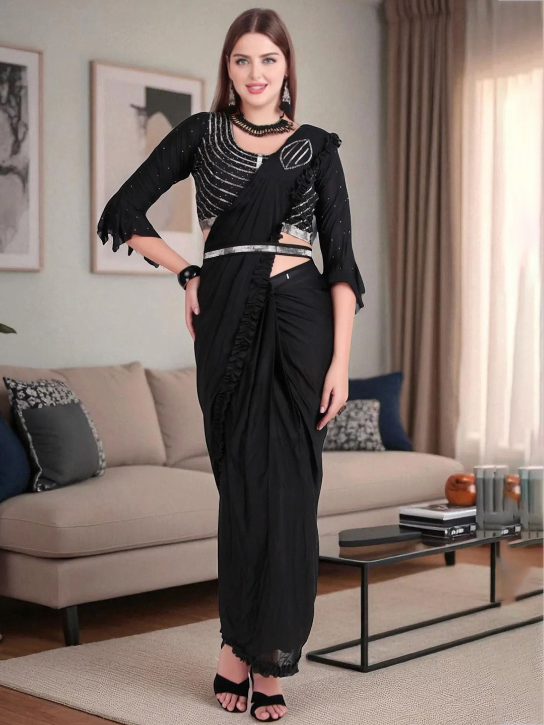 TRAQUILA Sequinned Ruffle Border Ready to Wear Saree With Stitched Blouse