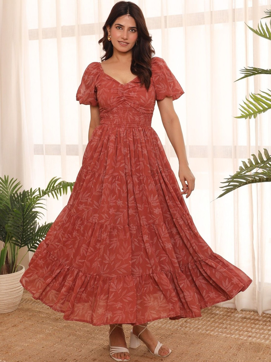 NOUN Ariella Women Floral Printed Puff Sleeves Smocked Tiered Fit & Flare Maxi Dress