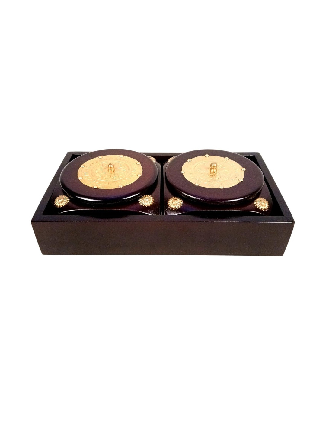 apka mart Brown Wooden 3 Pieces Serving Tray With Steel Bowls
