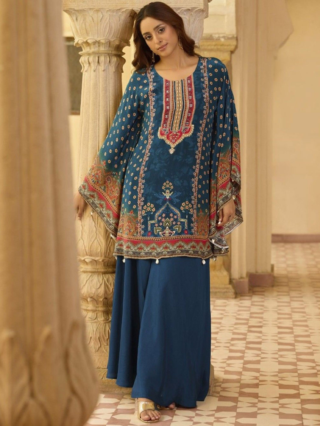 AUTUMN LANE Aster Cobalt Printed Kaftan Top With Palazzo Co-Ords