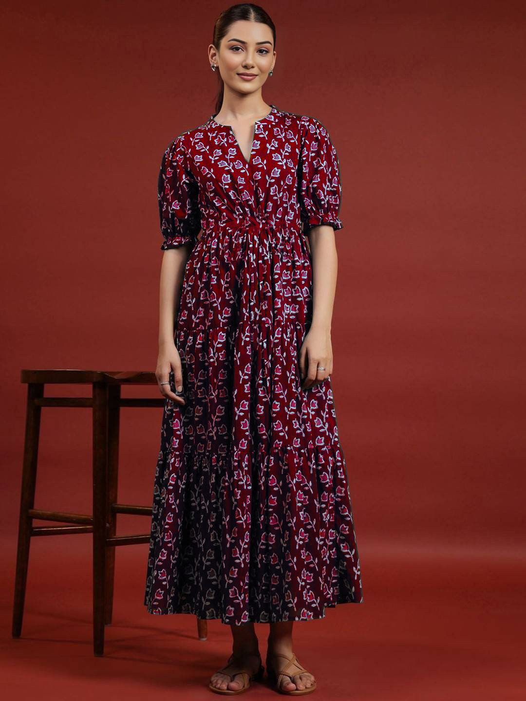 PRESHA Floral Printed Tiered V-Neck Cotton Fit & Flare Maxi Dress