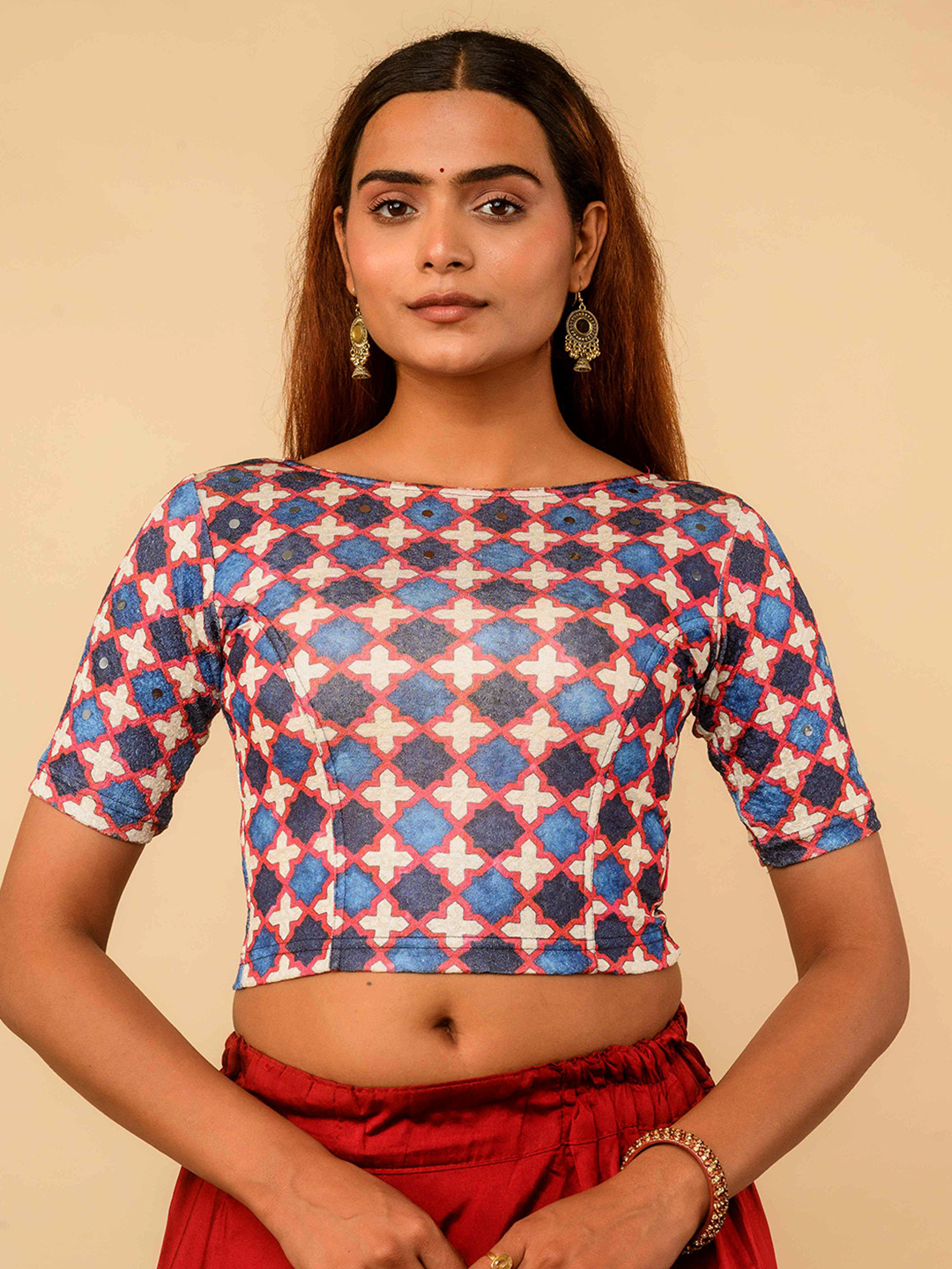 Bindigasm's Advi Shabaa Ajrakh Printed Boat Neck Jacquard Saree Blouse