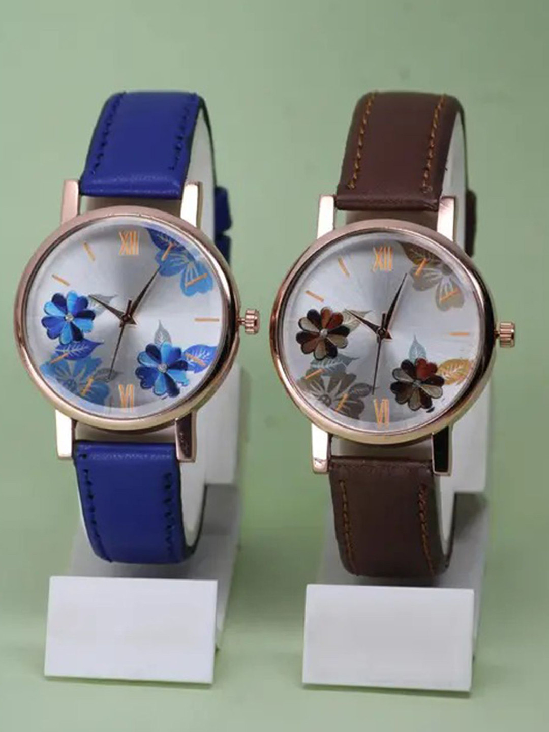 FROZIL Women Pack Of 2 Printed Dial & Leather Straps Analogue Watch New-R-K-BL-BR