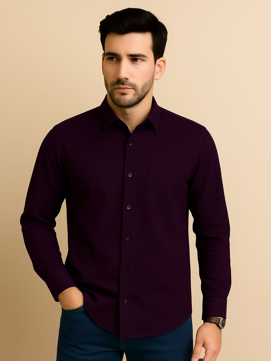 SONISHQ Men Original Slim Fit Solid Spread Collar Cotton Casual Shirt
