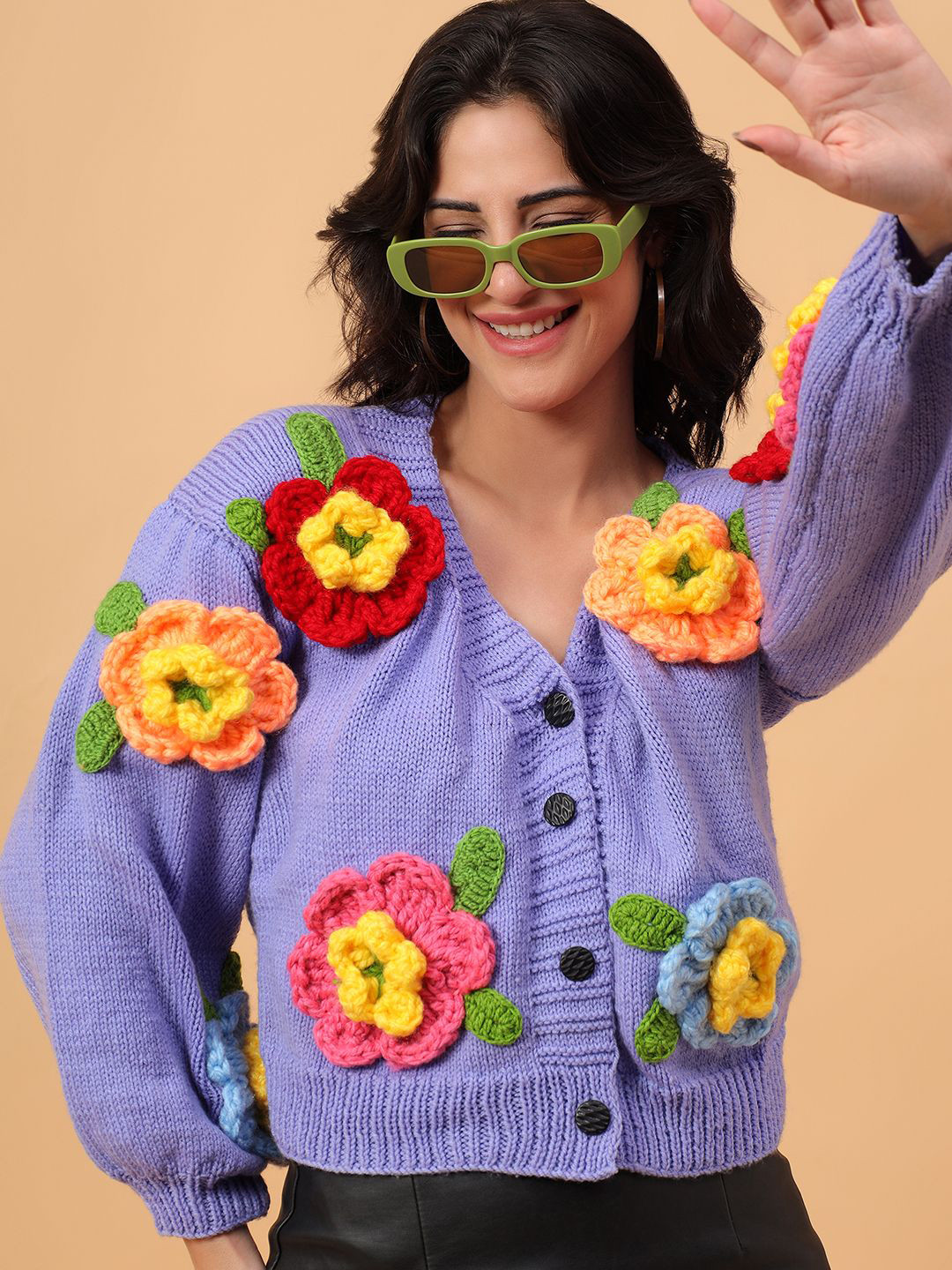 Velvery Floral Self Design V-Neck Oversized Cardigan Sweaters