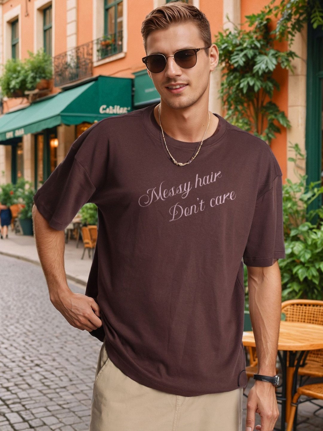 Bene Kleed Men Brown Typography Printed Round Neck Pure Cotton Oversized T-shirt