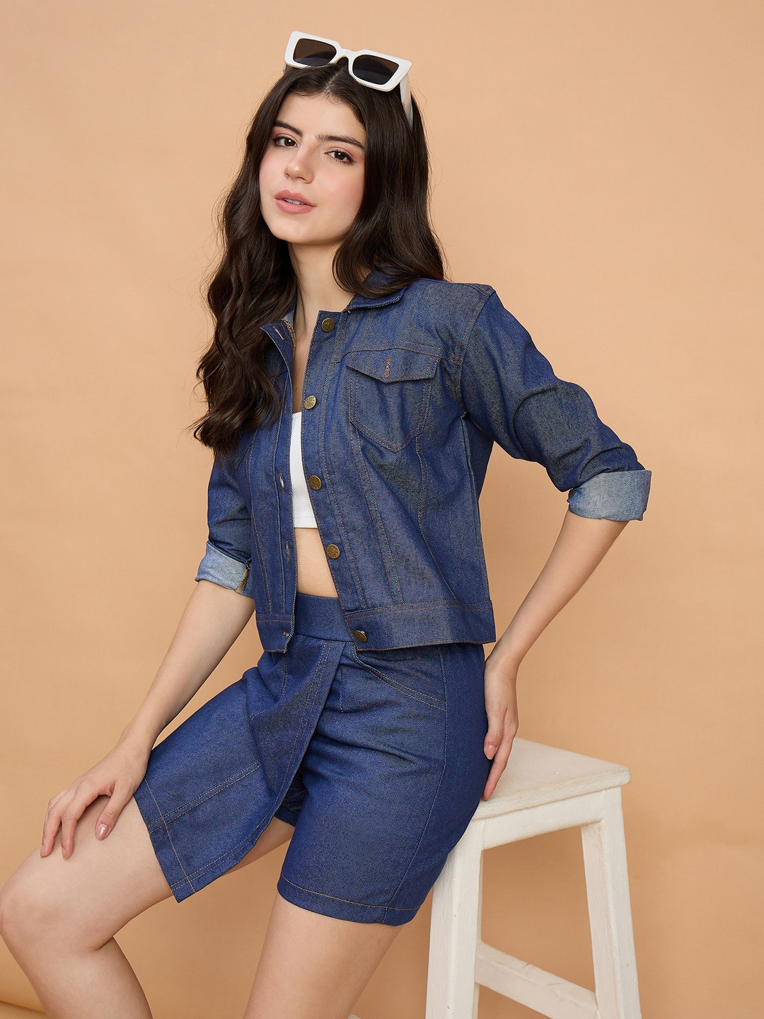 QIOA Denim High Waist Front Slit Mini Skort