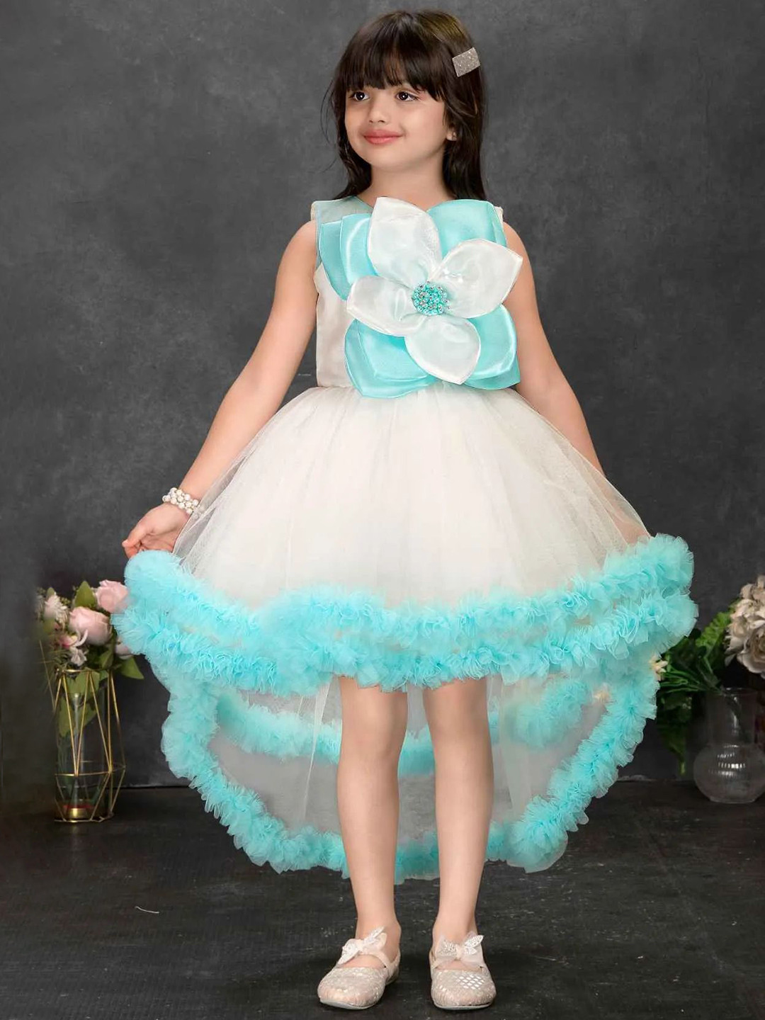 Lagorii Girls Blue High-Low Party Frock with 3D Flower Applique