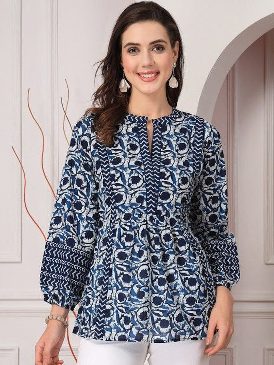 Gaonwali Clothings Women Ethnic Motifs Printed Puff Sleeves Cotton Top