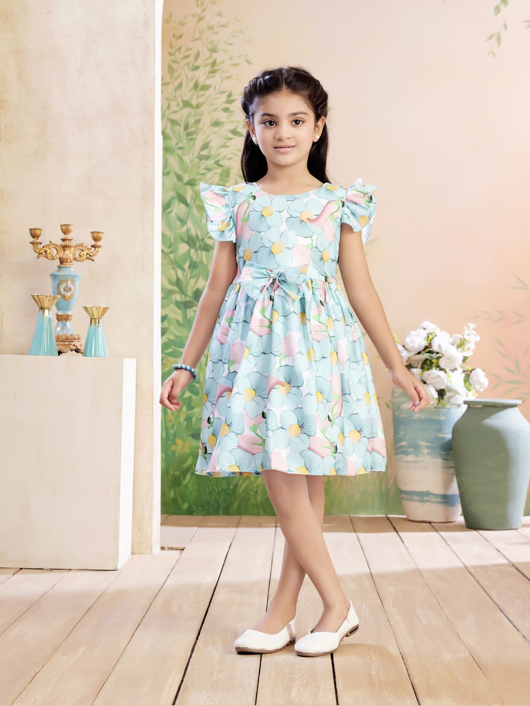 BAESD Girls Sea Green Floral Printed Fit & Flare Dress