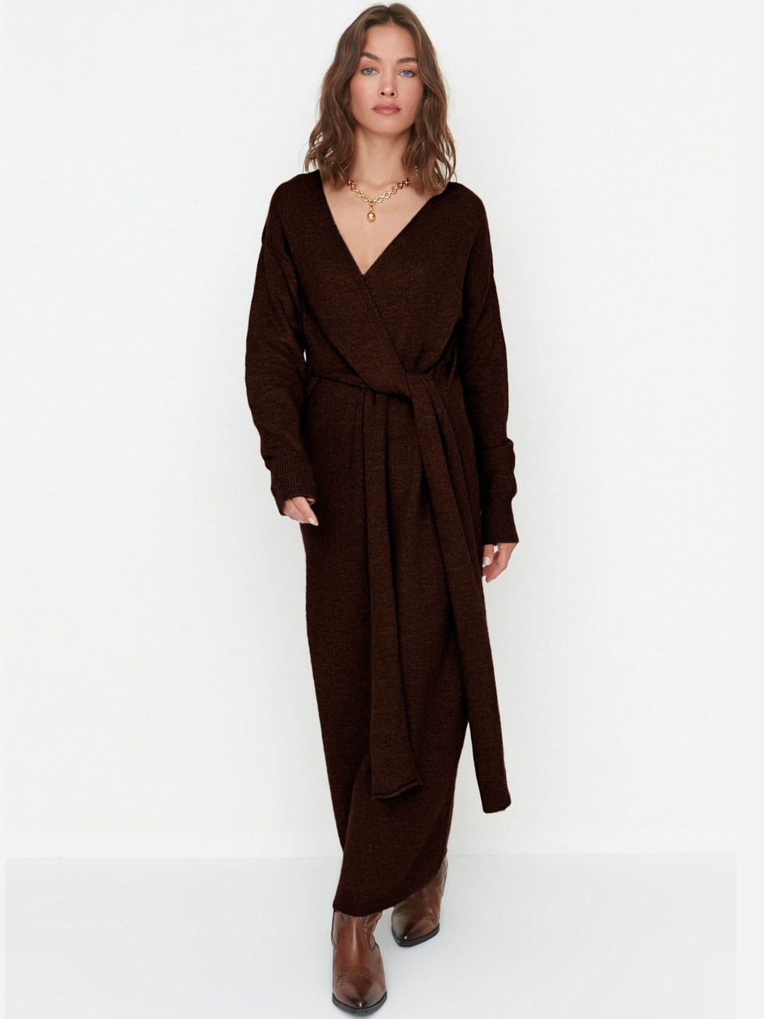 Trendyol Women Tie-Ups V-Neck Long Sleeve Maxi Wrap Dress