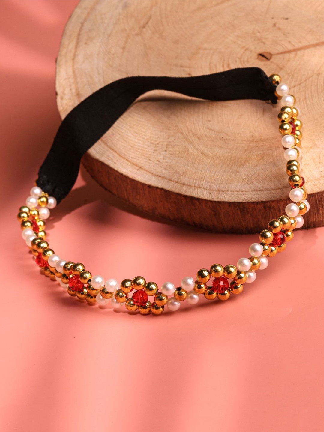 Choko Girls Embellished Hairband with Golden Beads & Red Crystal Flowers