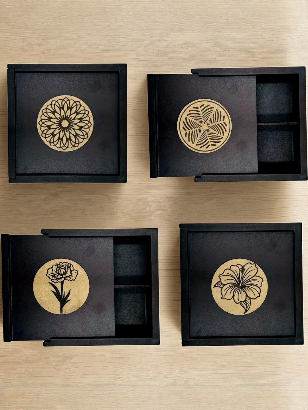 Angira handicrafts Black & Brown Set Of 4 Wooden Square Dry Fruit Box