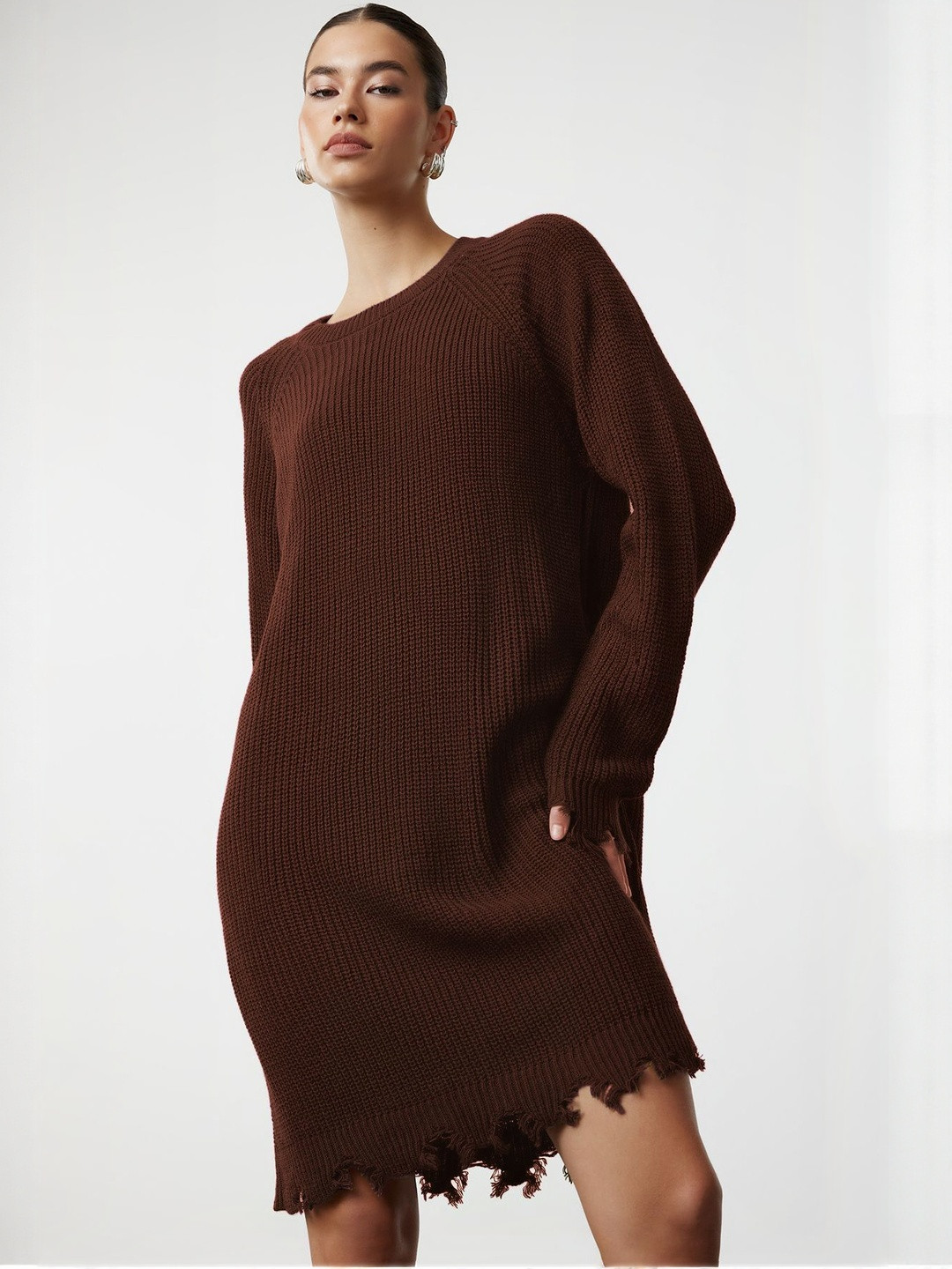 Trendyol Women Mocha Mousse Fringed Jumper Dress