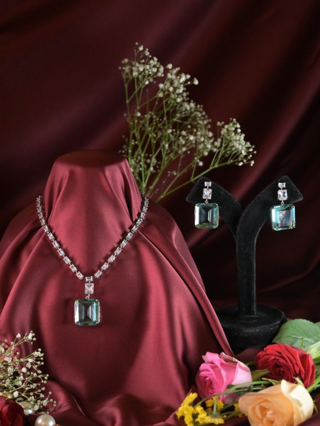 SWAN JEWELS Rhodium-Plated Cubic Zirconia Studded Statement Necklace