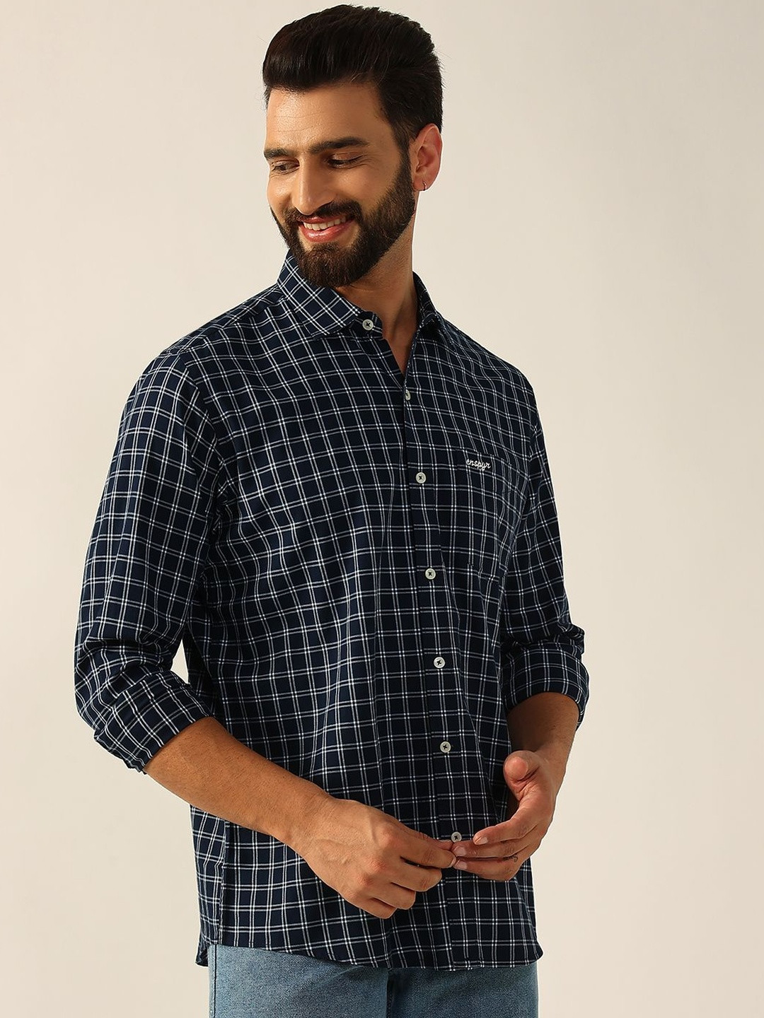 ENSPYR Men Navy Blue Checked Long Sleeves Casual Shirt