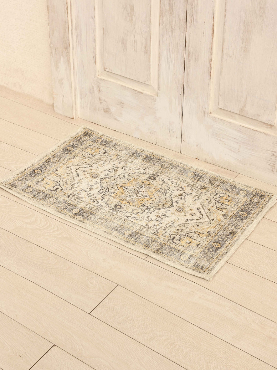 Ariana Light Yellow & Grey Printed Cotton Anti-Skid Doormat