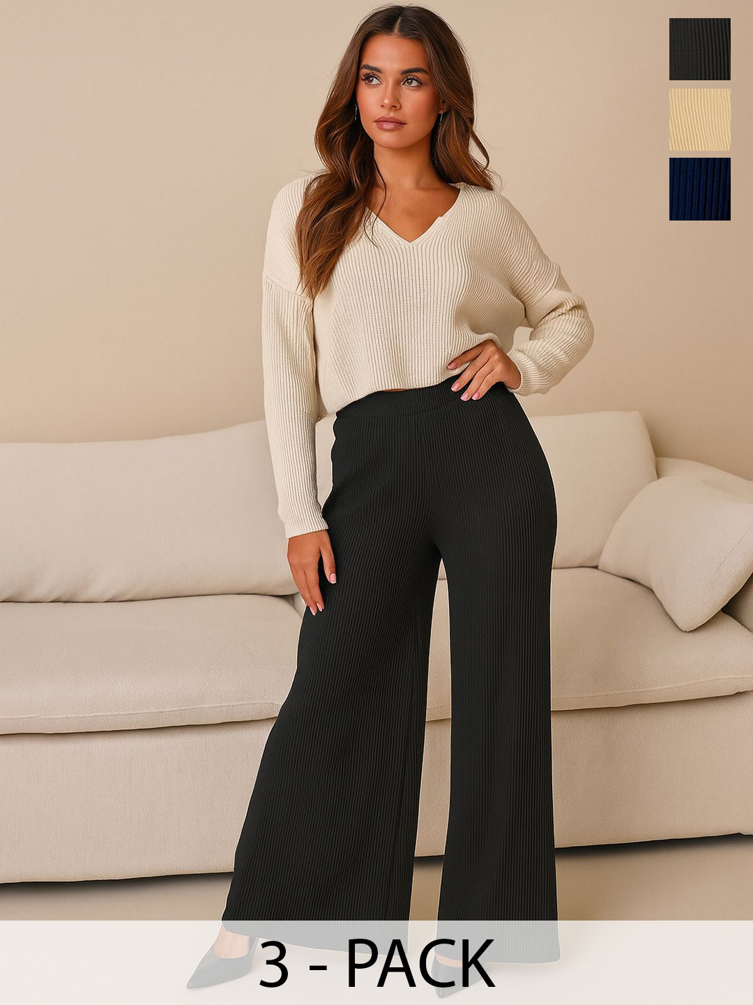 Fabflee Women Pack of 3 Wide Leg Mid-Rise Parallel Trousers