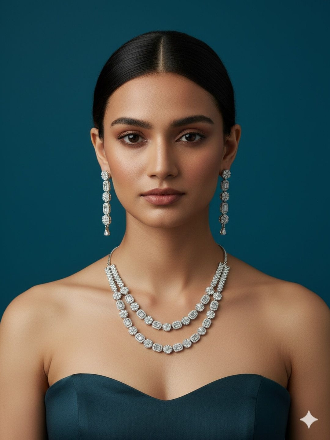 shringaar by neha Women Rhodium-Plated Layered German Silver Zirconia Necklace & Earrings