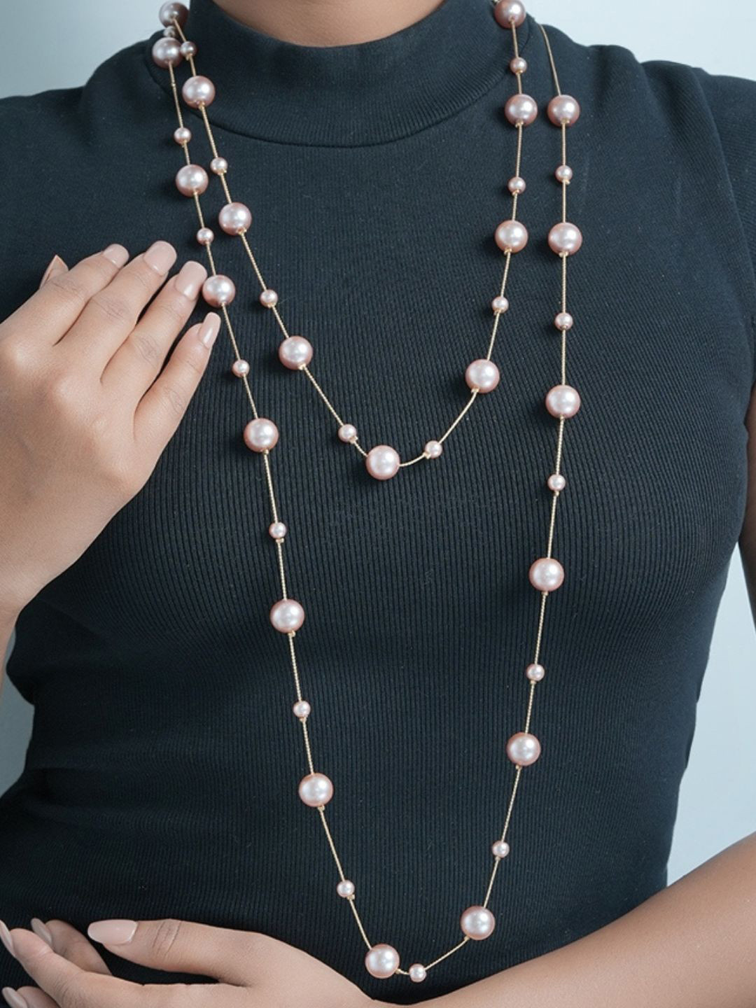 AQUASTREET Gold Plated Dual Layered Pearl Beaded Long Necklace