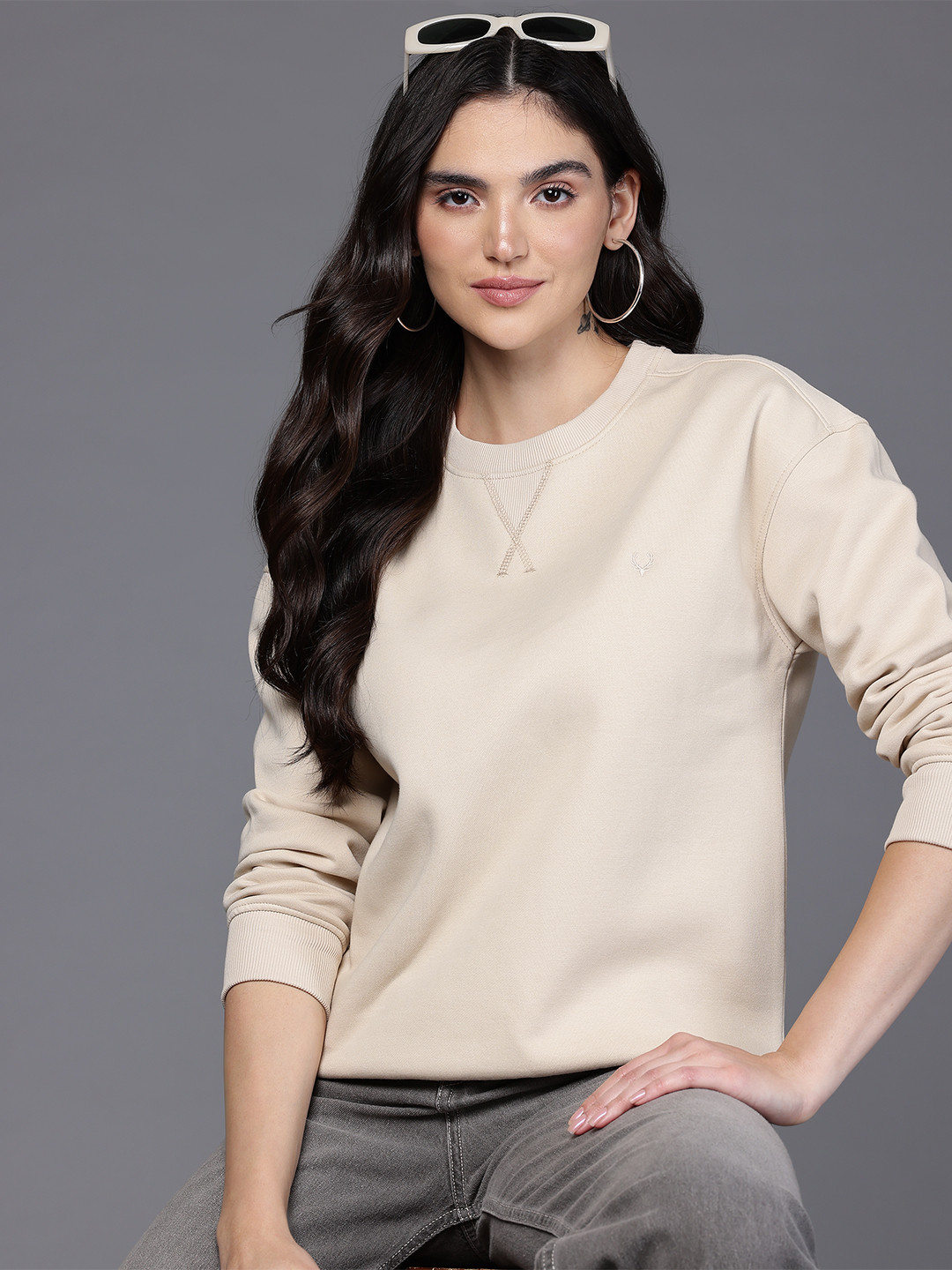 Allen Solly Woman Drop Shoulder Relaxed Sweatshirt  with Inner Fleece