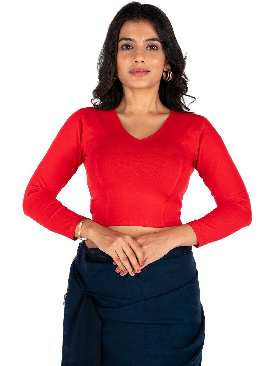 Abhi Women Red Cotton Sold Long Sleeve V Neck Stretchable ReadyMade Saree Blouse