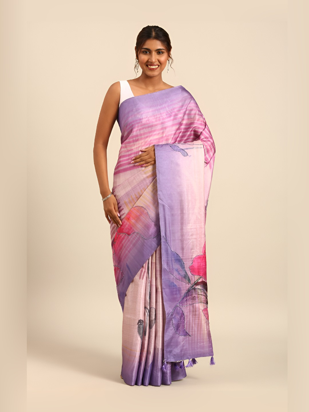 Taashi Floral Printed Beads and Stones Tussar Saree
