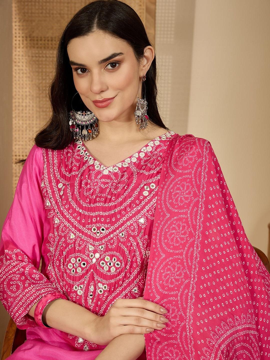 Sangria Women Ethnic Motifs Embroidered Regular Mirror Work Kurta with Trousers & With Dupatta